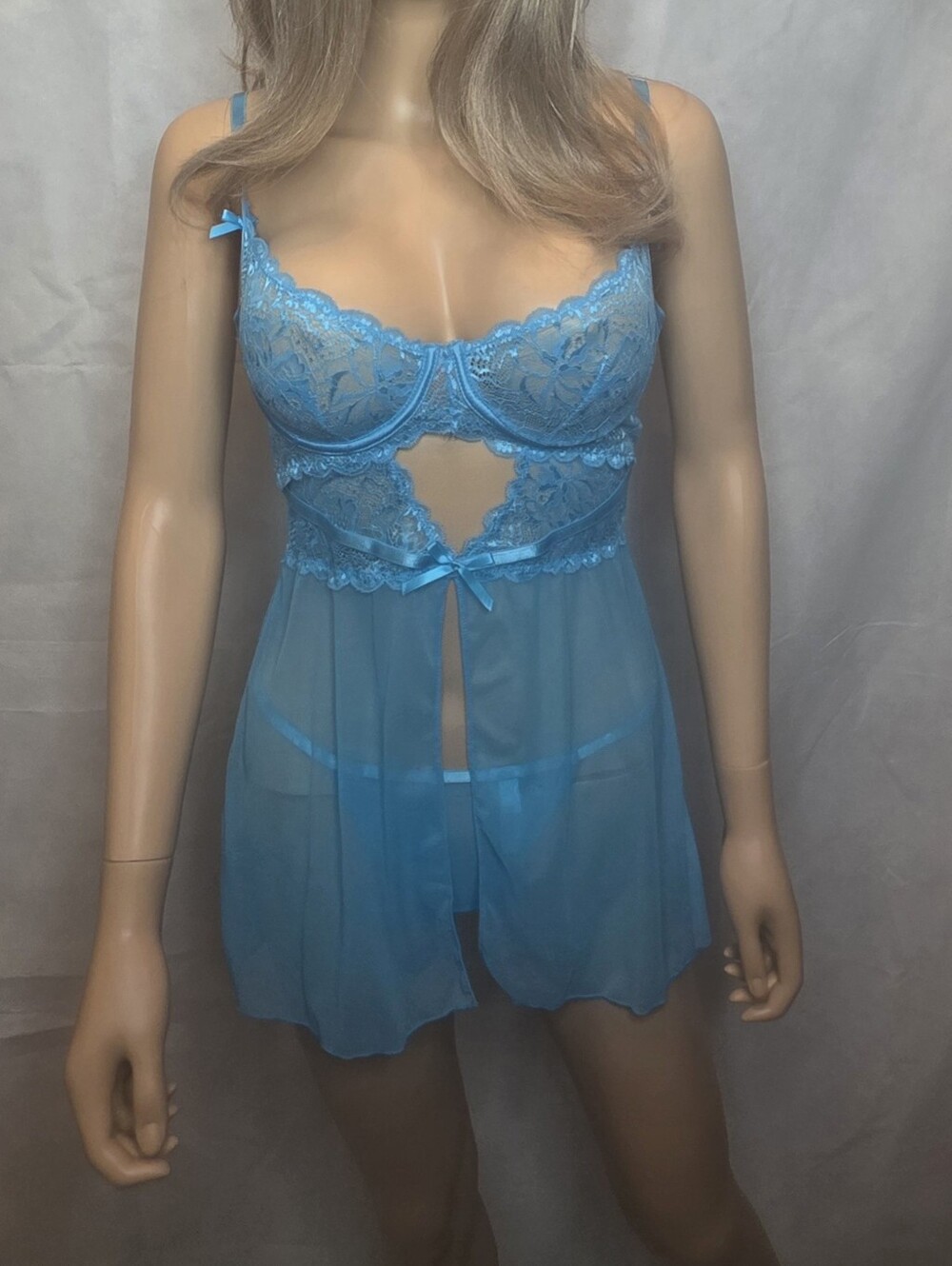 Women's Sheer Lace Babydoll Chemise - Blue Size Med.